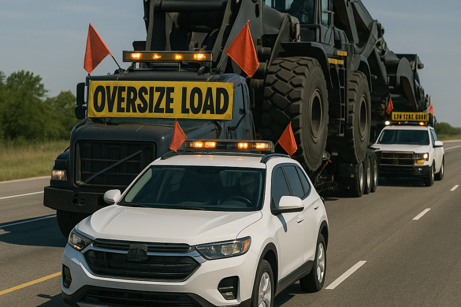 two pilot escort vehicles guiding an oversize truck carrying a large industrial load