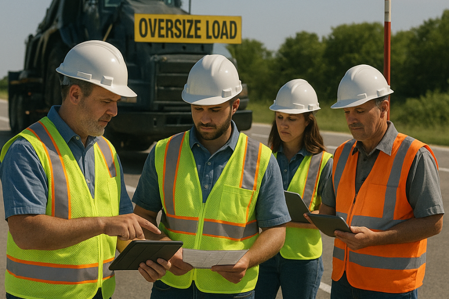 transport logistics team performing a route survey for an oversize load operation